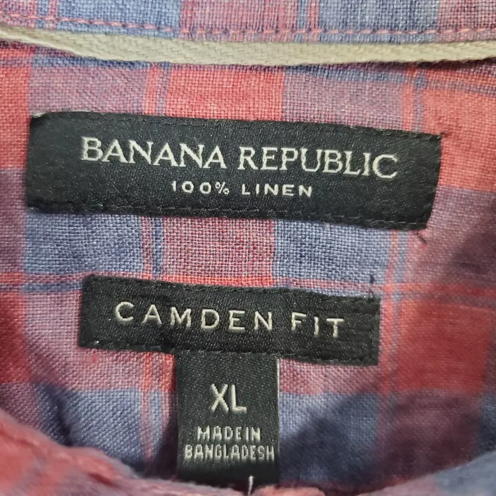 Banana Republic Mens Red Blue Check Camden Fit Linen Button Down Shirt Size XL